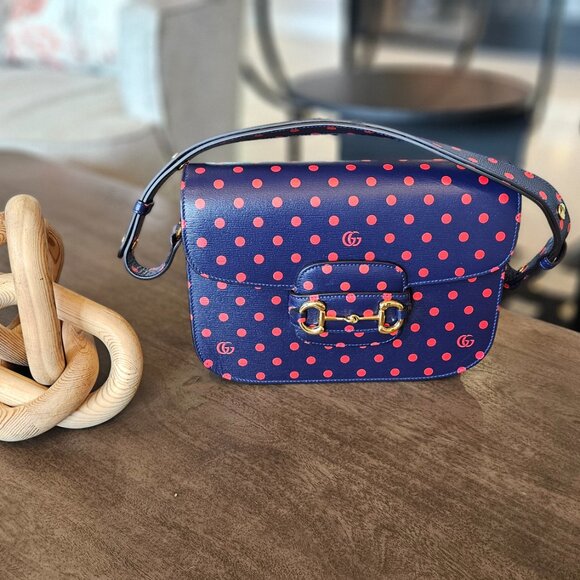 Gucci  Shangai Calfskin Polka Dot Horsebit 1955 Shoulder Bag Blue Orange - Picture 9 of 17